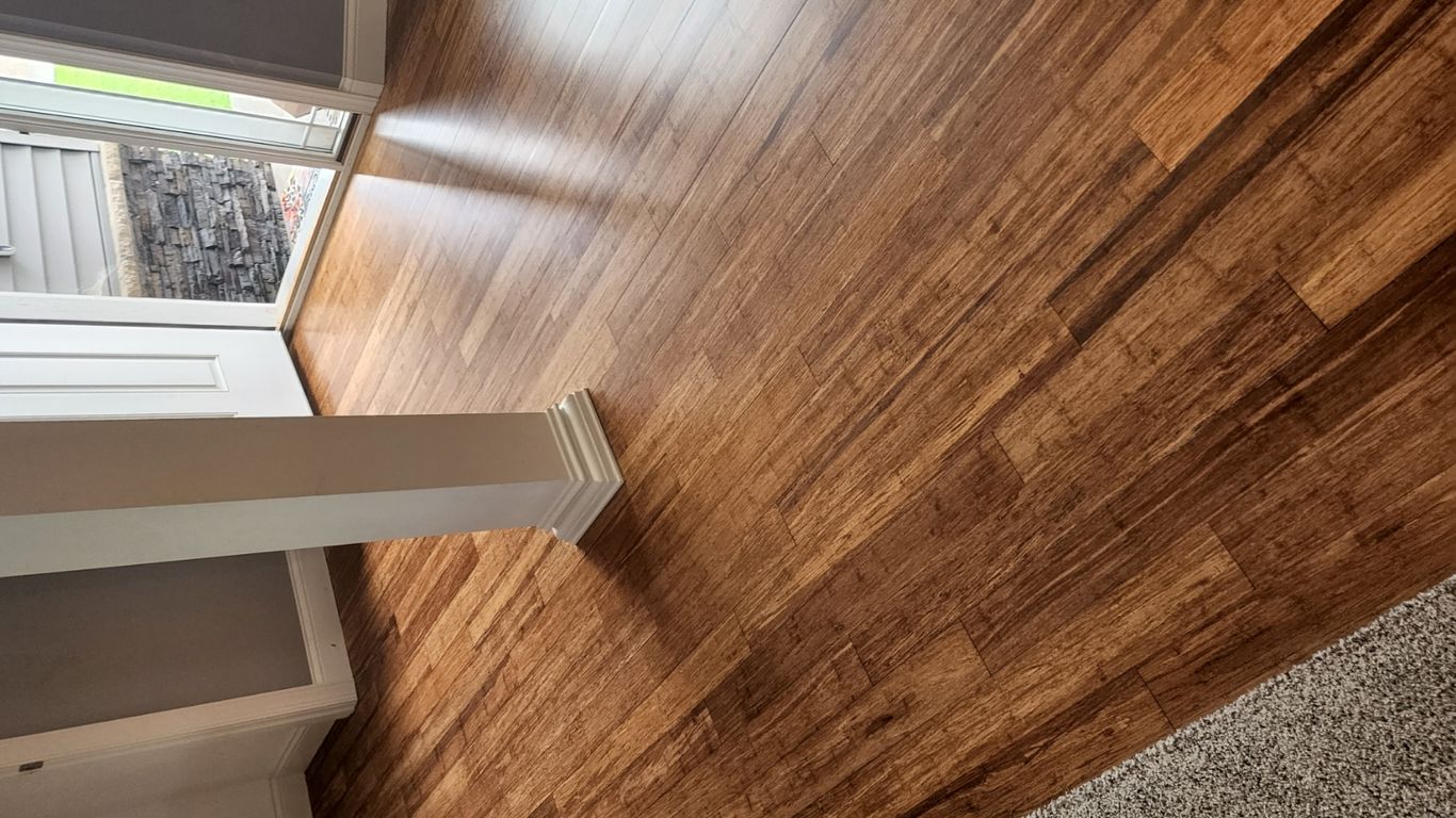 Bright entryway with polished wooden floors and open door.