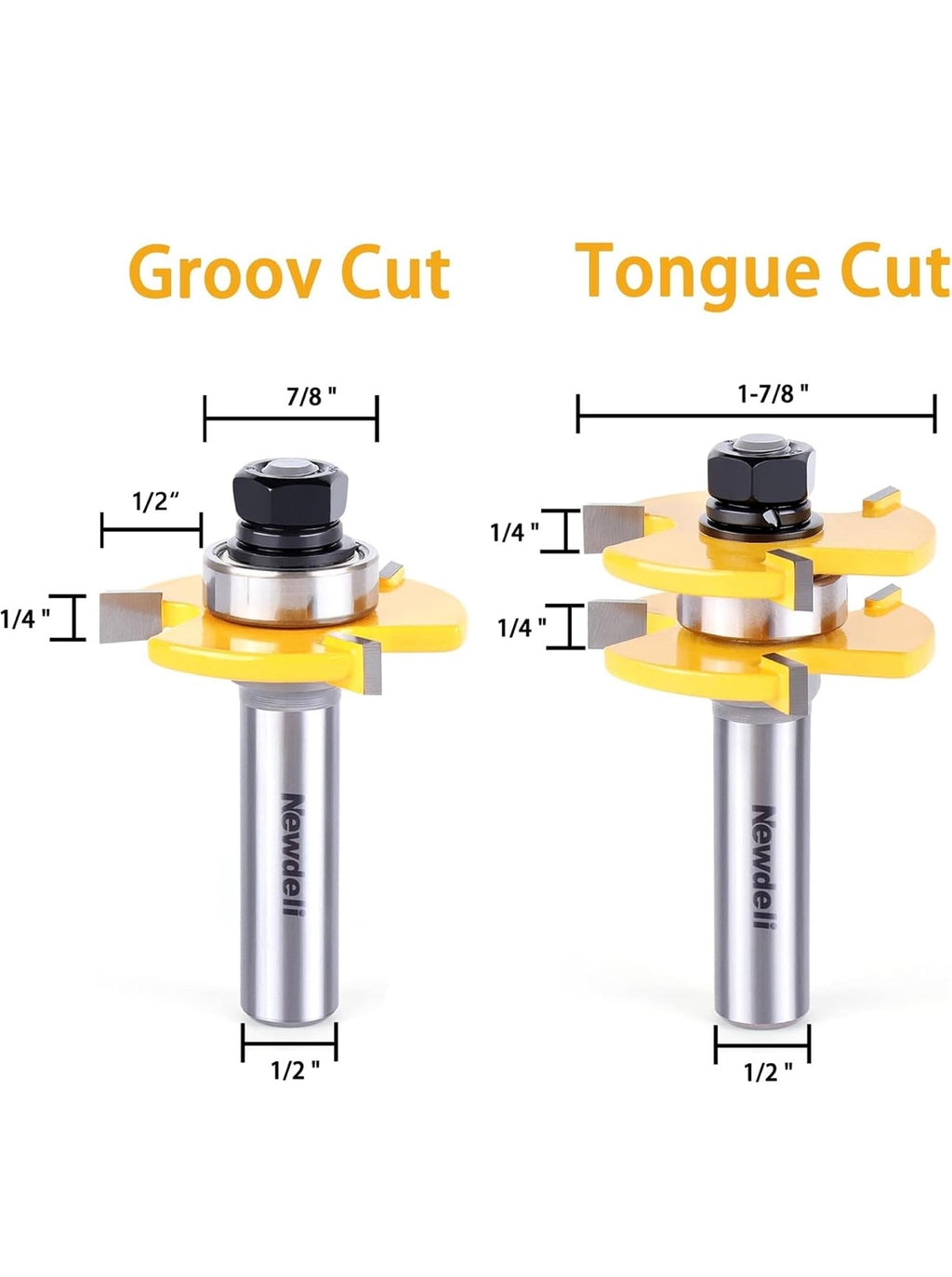 Newdeli Tongue and Groove Router Bit Set 1/4 Inch or 1/2” Shank - 2pcs Router Bits for 3/4" Stock, 1/2" Cutting Depth - T Shape 3 Teeth Wood Milling Cutter Woodworking Tool 1 2"
