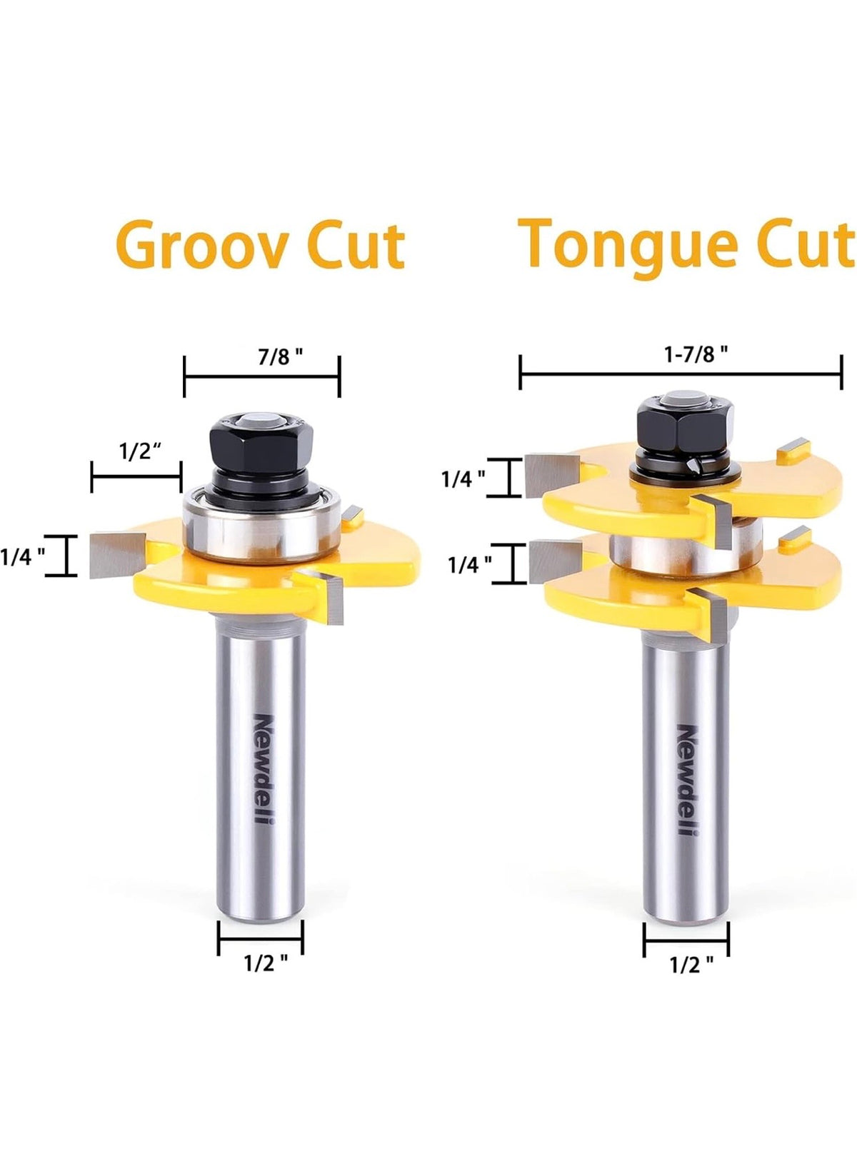 Newdeli Tongue and Groove Router Bit Set 1/4 Inch or 1/2” Shank - 2pcs Router Bits for 3/4" Stock, 1/2" Cutting Depth - T Shape 3 Teeth Wood Milling Cutter Woodworking Tool 1 2"