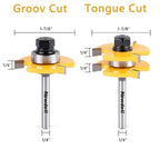 Newdeli Tongue and Groove Router Bit Set 1/4 Inch or 1/2” Shank - 2pcs Router Bits for 3/4" Stock, 1/2" Cutting Depth - T Shape 3 Teeth Wood Milling Cutter Woodworking Tool 1 4"